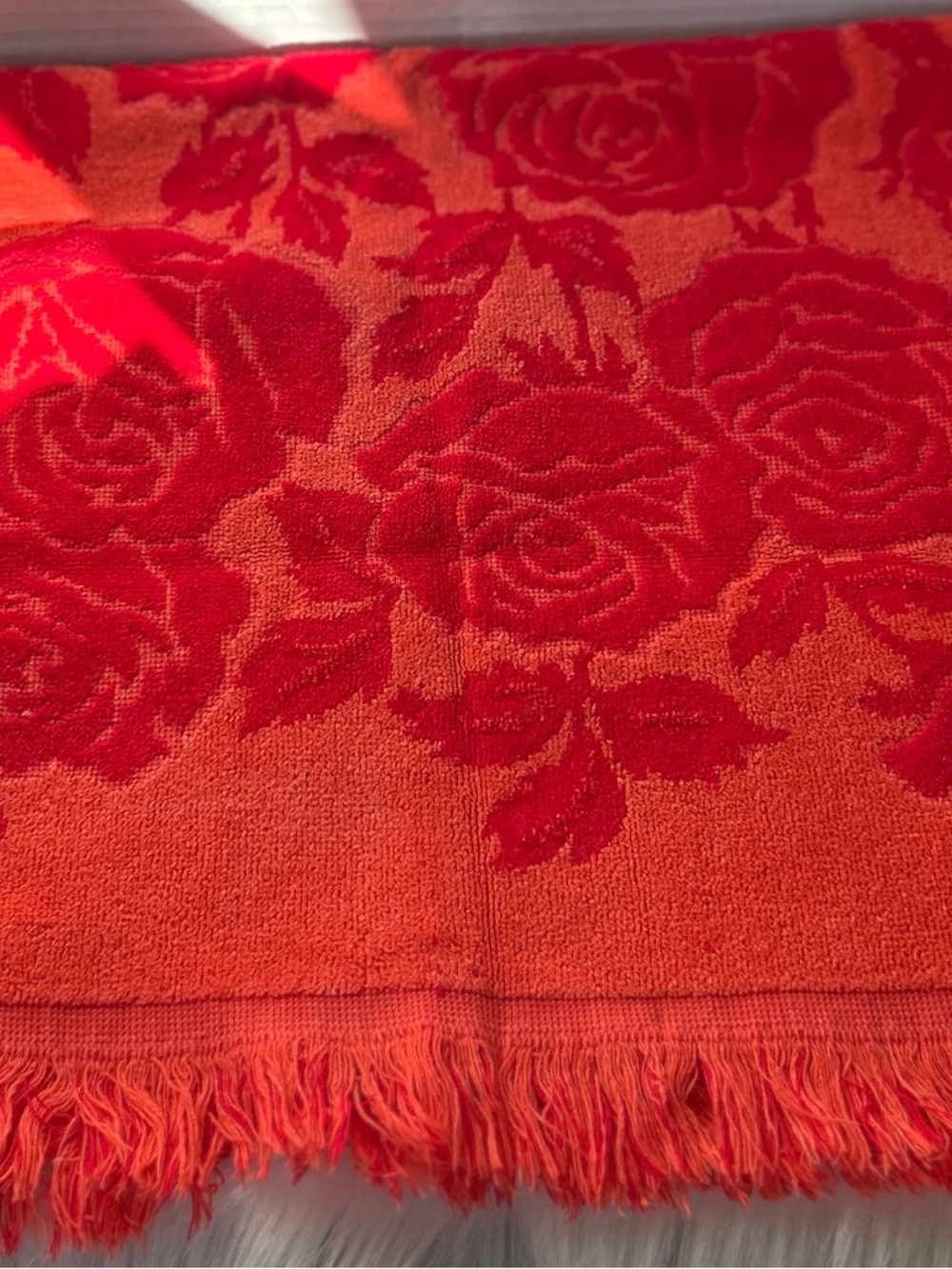 2 for $30 Floral Rose Jacquard Fringe Hand Towel in Vibrant Orange-Red